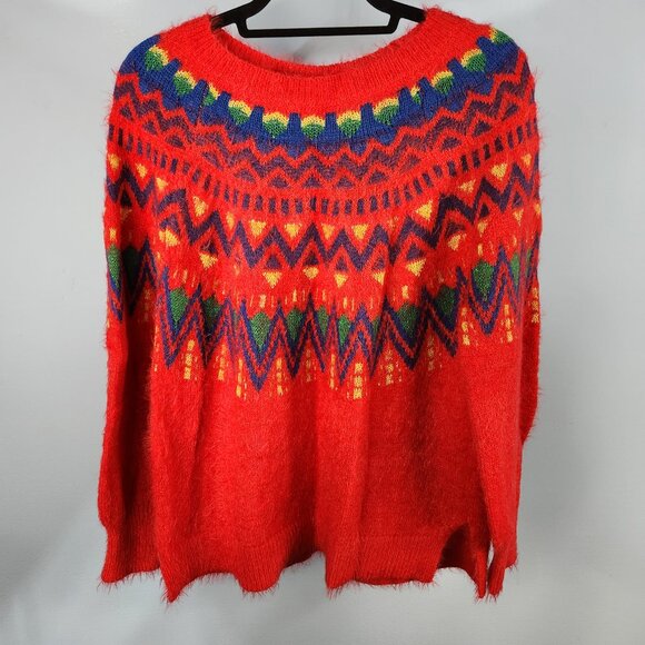 Time and Tru Women's Fair Isle Pullover Sweater Crew Neck Size M 8-10 Red (PP-6) - Picture 1 of 6
